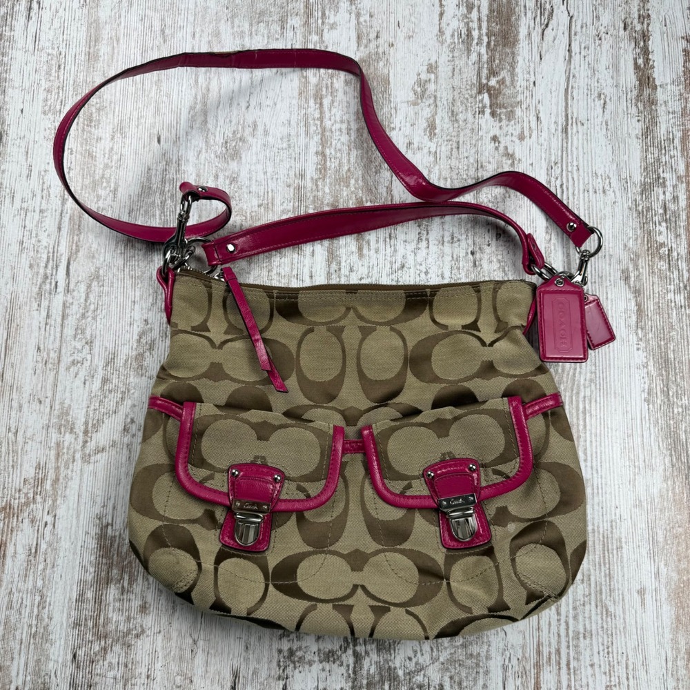 Coach Signature Khaki Pink Canvas Patent Leather Hobo Crossbody Bag F23392